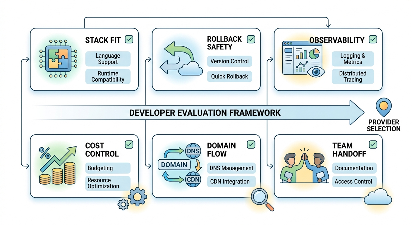 A structured diagram showing the main criteria for evaluating developer deployment and hosting platforms.