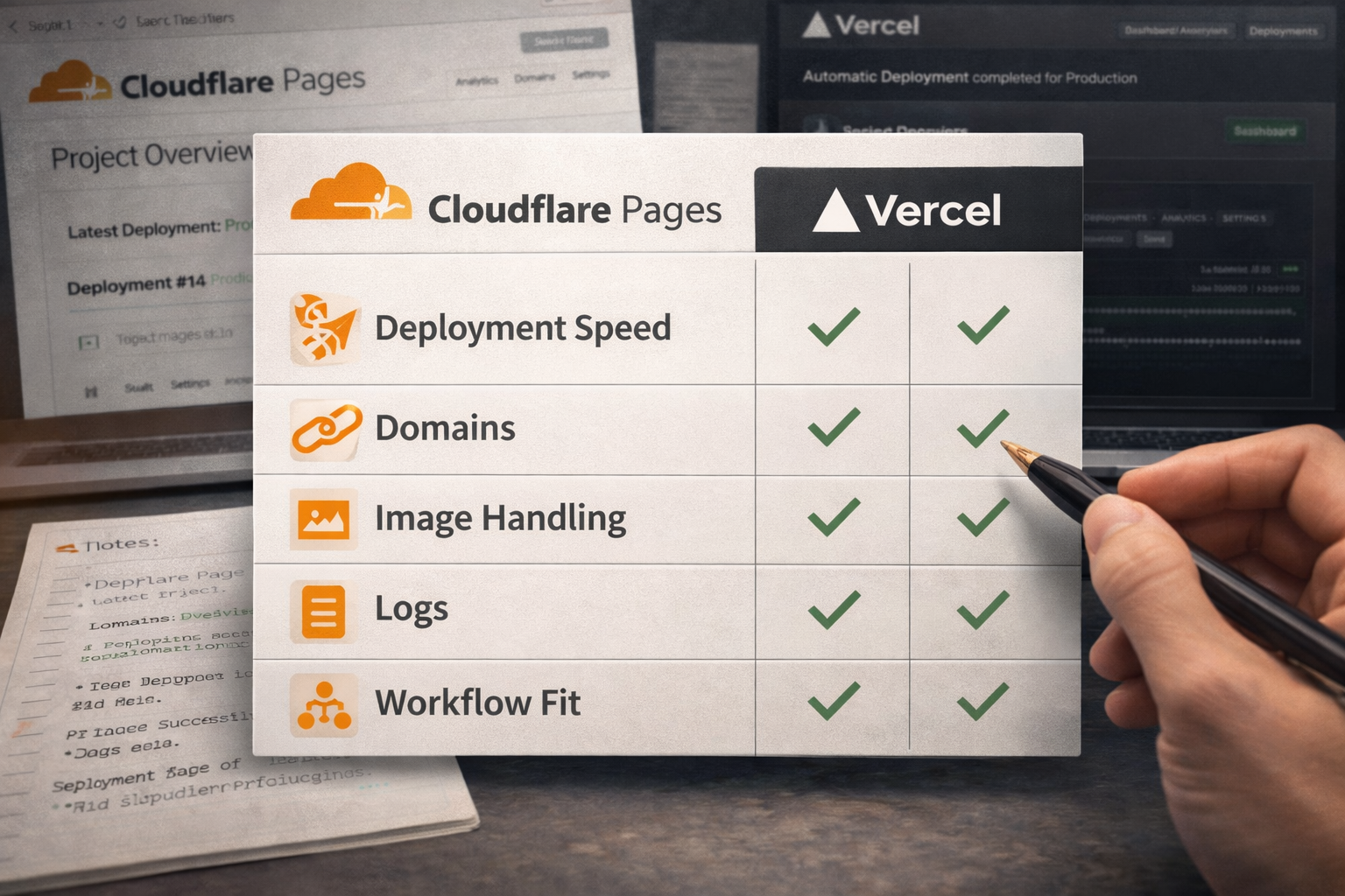 An explanatory image comparing Cloudflare Pages and Vercel through previews, logs, domains, redirects, and asset handling criteria.