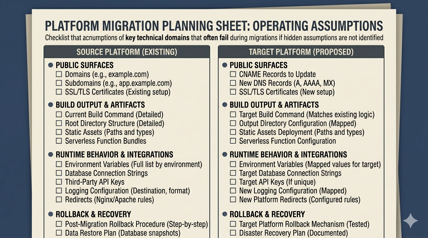A document-style migration checklist showing domains, environment variables, build output, redirects, logs, and rollback groups before a deployment platform move.