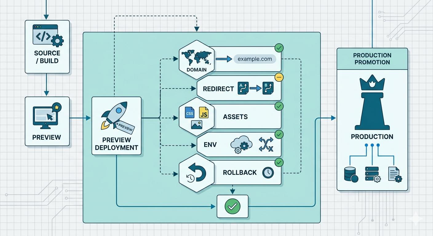 A practical structure image showing a preview deployment, a verification checklist layer, and a production promotion step connected in one release flow.
